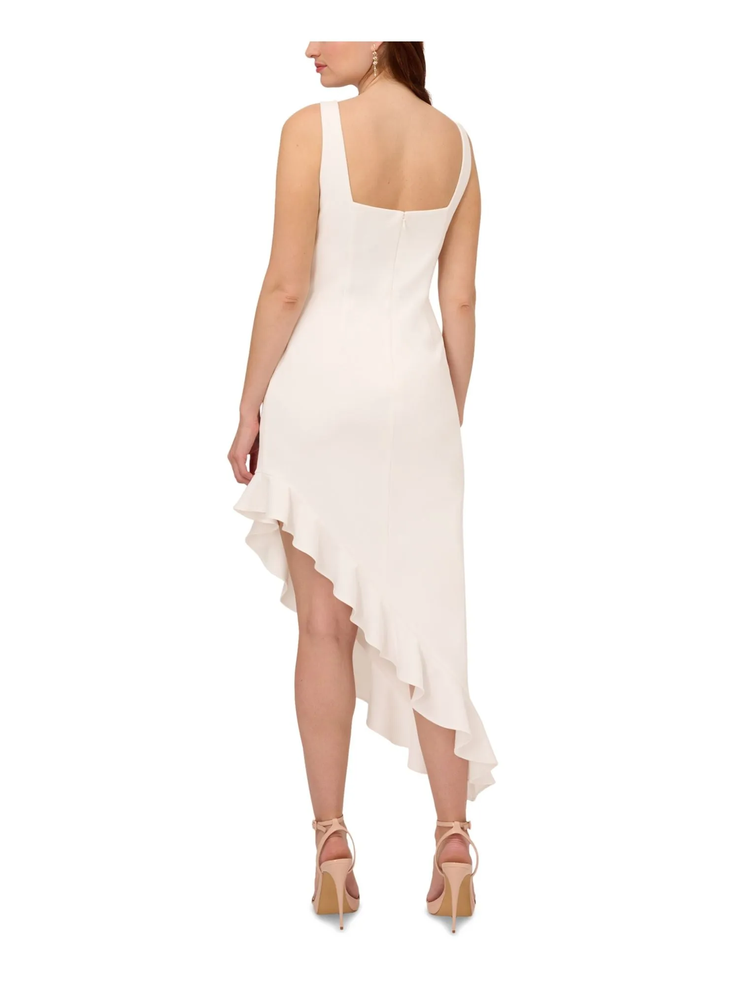 ADRIANNA PAPELL Womens Ivory Zippered Lined Ruffled Asymmetrical Hem Sleeveless Square Neck Tea-Length Party Sheath Dress
