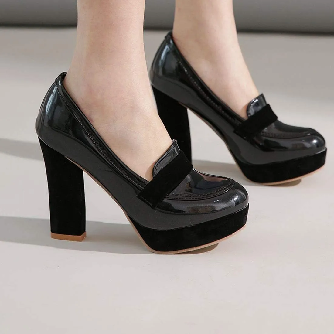 AIMODOR Womens Penny Loafers Patent Platform Chunky High Heel Pumps