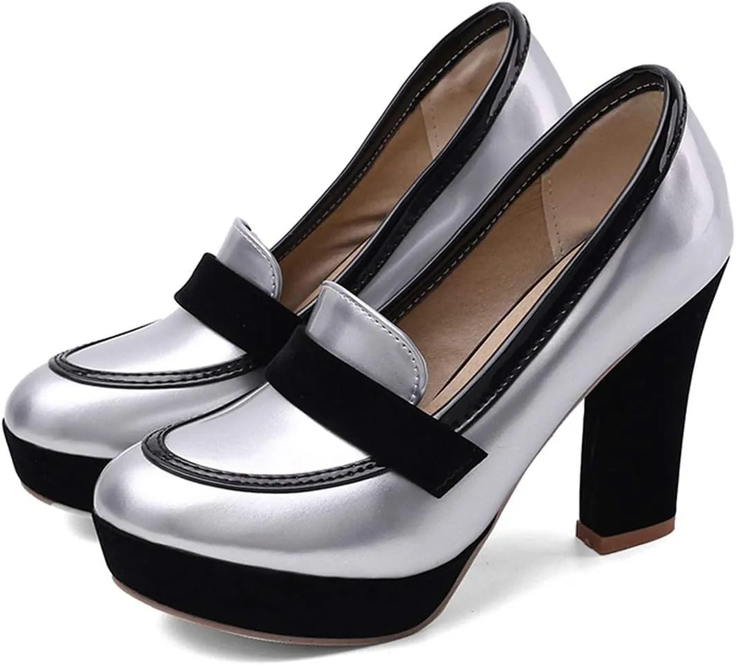 AIMODOR Womens Penny Loafers Patent Platform Chunky High Heel Pumps