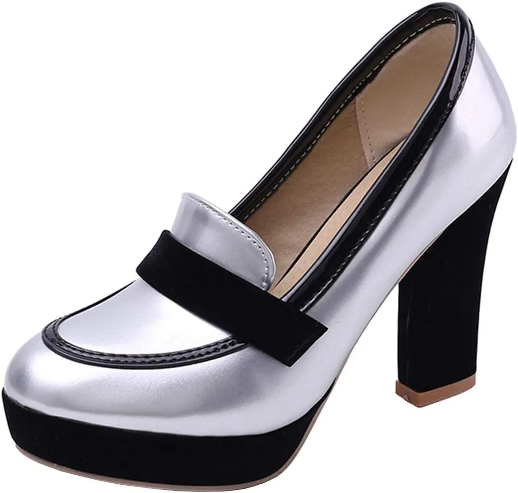 AIMODOR Womens Penny Loafers Patent Platform Chunky High Heel Pumps