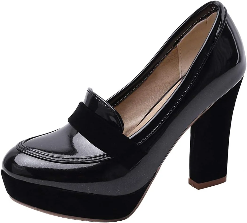 AIMODOR Womens Penny Loafers Patent Platform Chunky High Heel Pumps