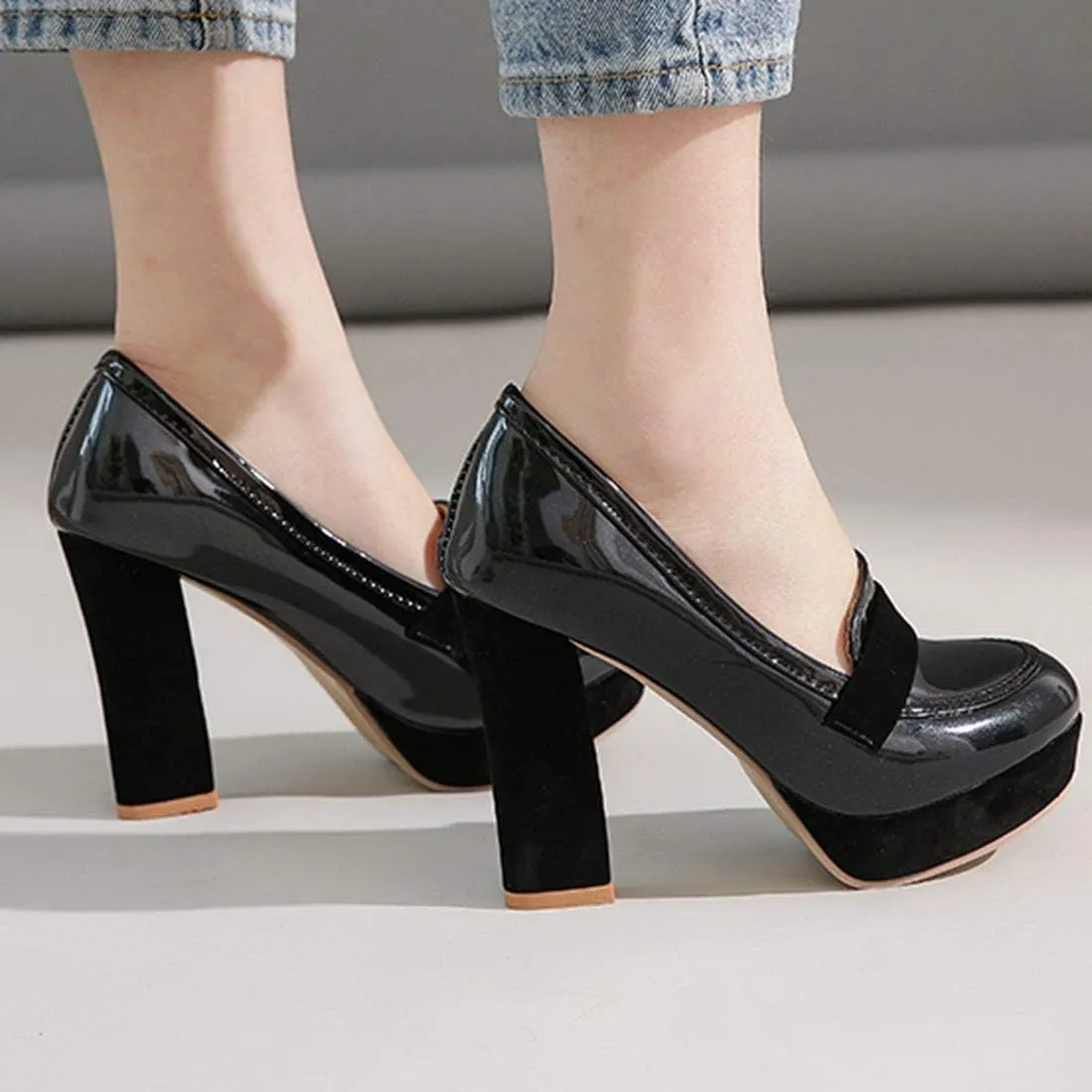 AIMODOR Womens Penny Loafers Patent Platform Chunky High Heel Pumps