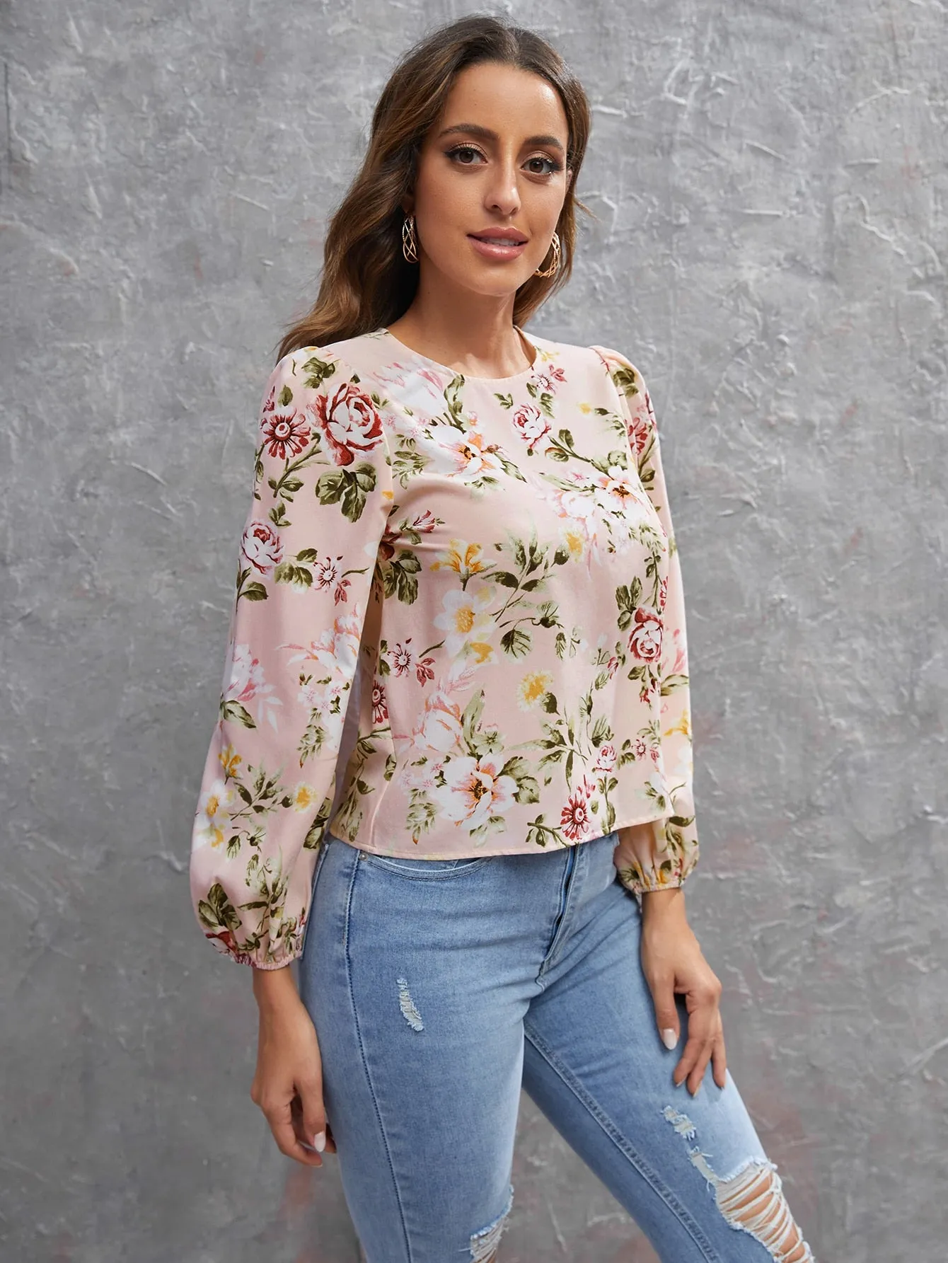 Casual Floral Button Long Sleeve Round Neck Regular Blouse