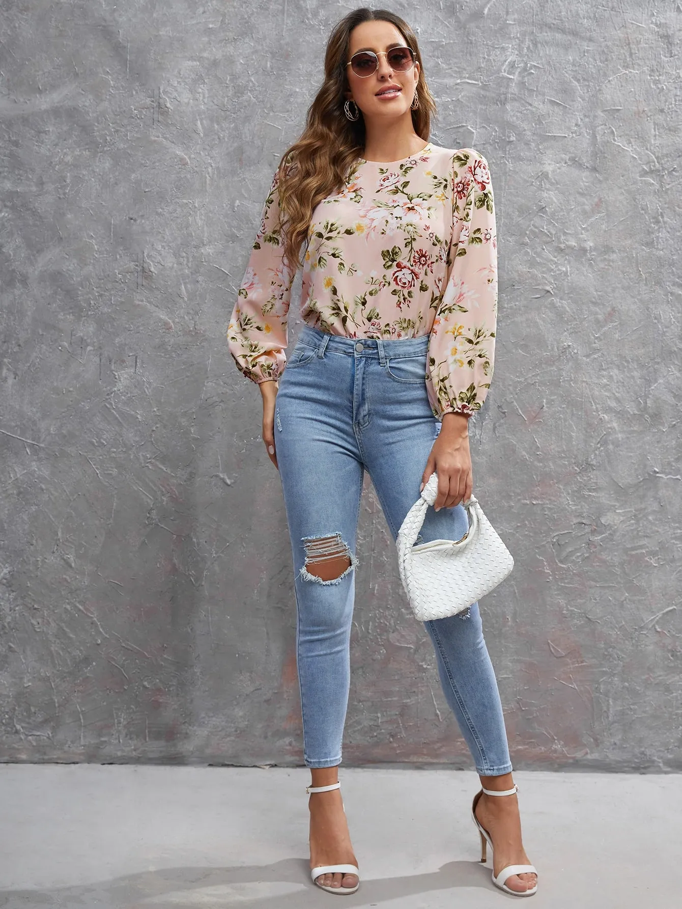 Casual Floral Button Long Sleeve Round Neck Regular Blouse