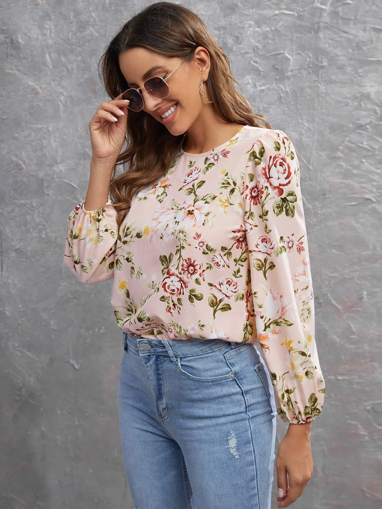 Casual Floral Button Long Sleeve Round Neck Regular Blouse