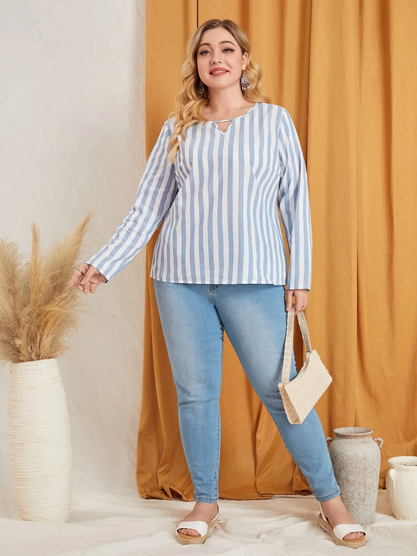 Casual Striped Long Sleeve Keyhole Neckline Regular Plus Size Blouse