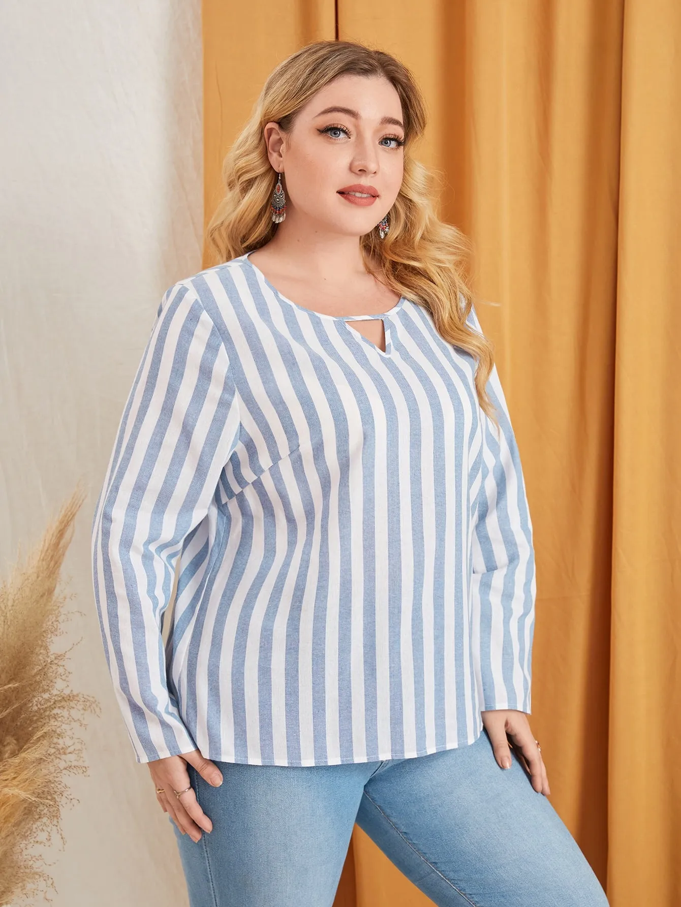 Casual Striped Long Sleeve Keyhole Neckline Regular Plus Size Blouse