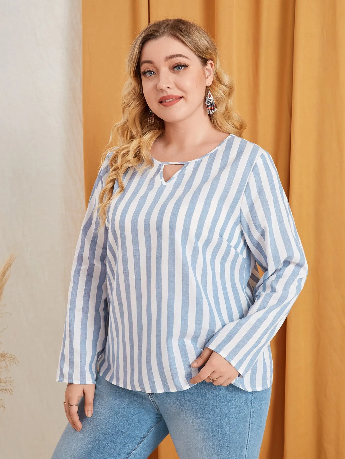 Casual Striped Long Sleeve Keyhole Neckline Regular Plus Size Blouse
