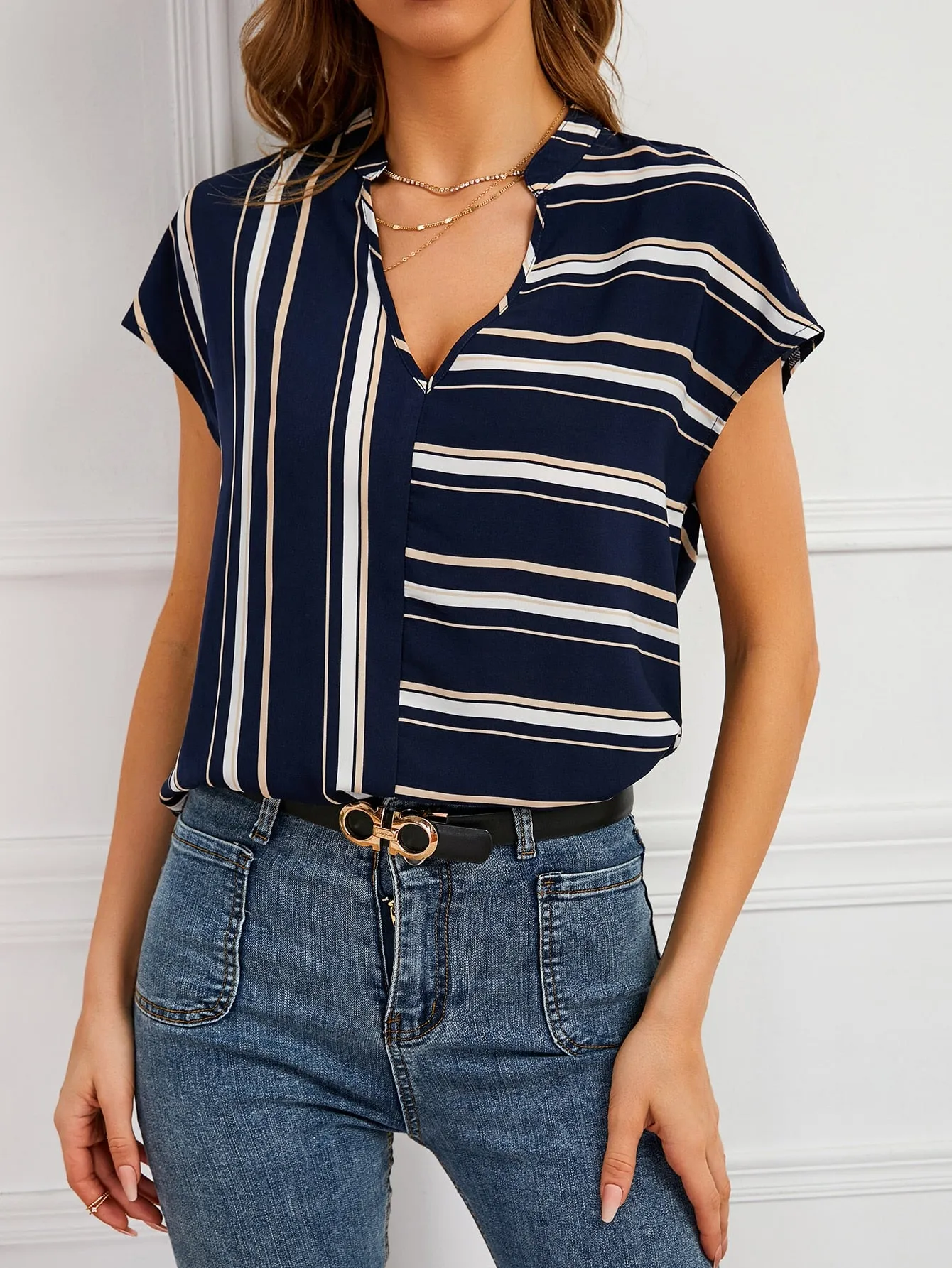 Casual Striped Short Sleeve Notched Regular Blouse