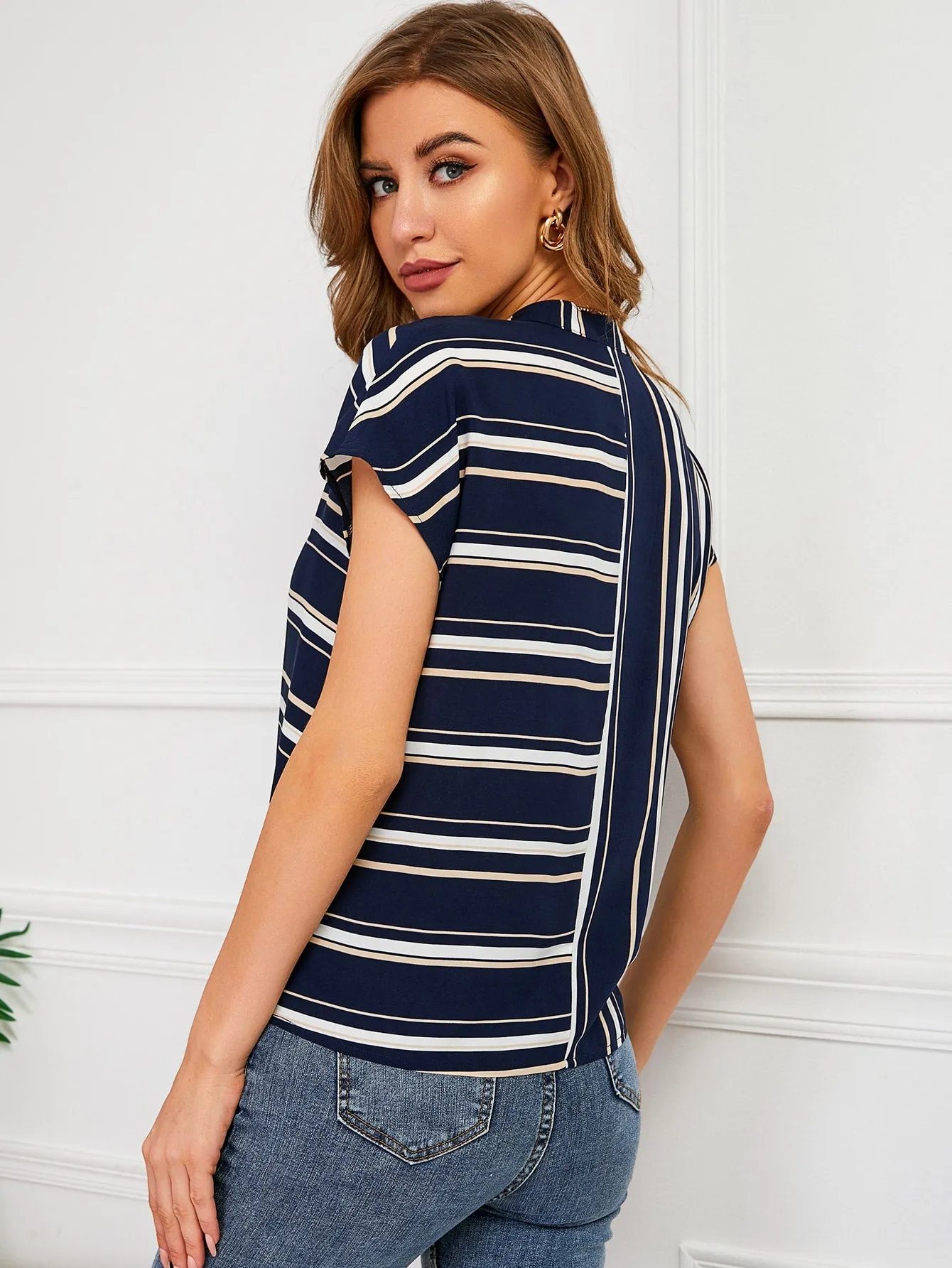 Casual Striped Short Sleeve Notched Regular Blouse