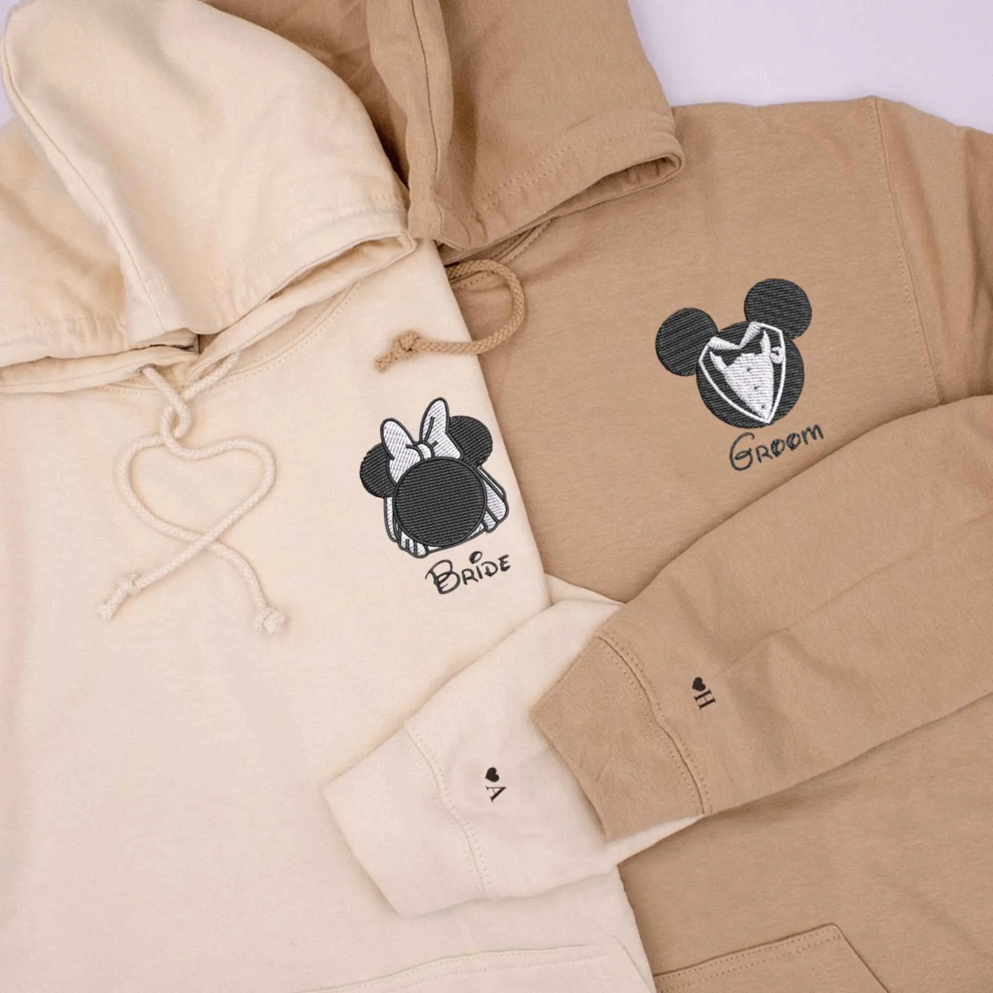 Custom Embroidered Matching Hoodies for Couples | Fun Cartoon Mouse Bride & Groom Design
