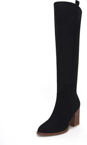 Ermonn Womens Faux Suede Knee High Side Zipper Chunky Heel Stretch Winter Boots
