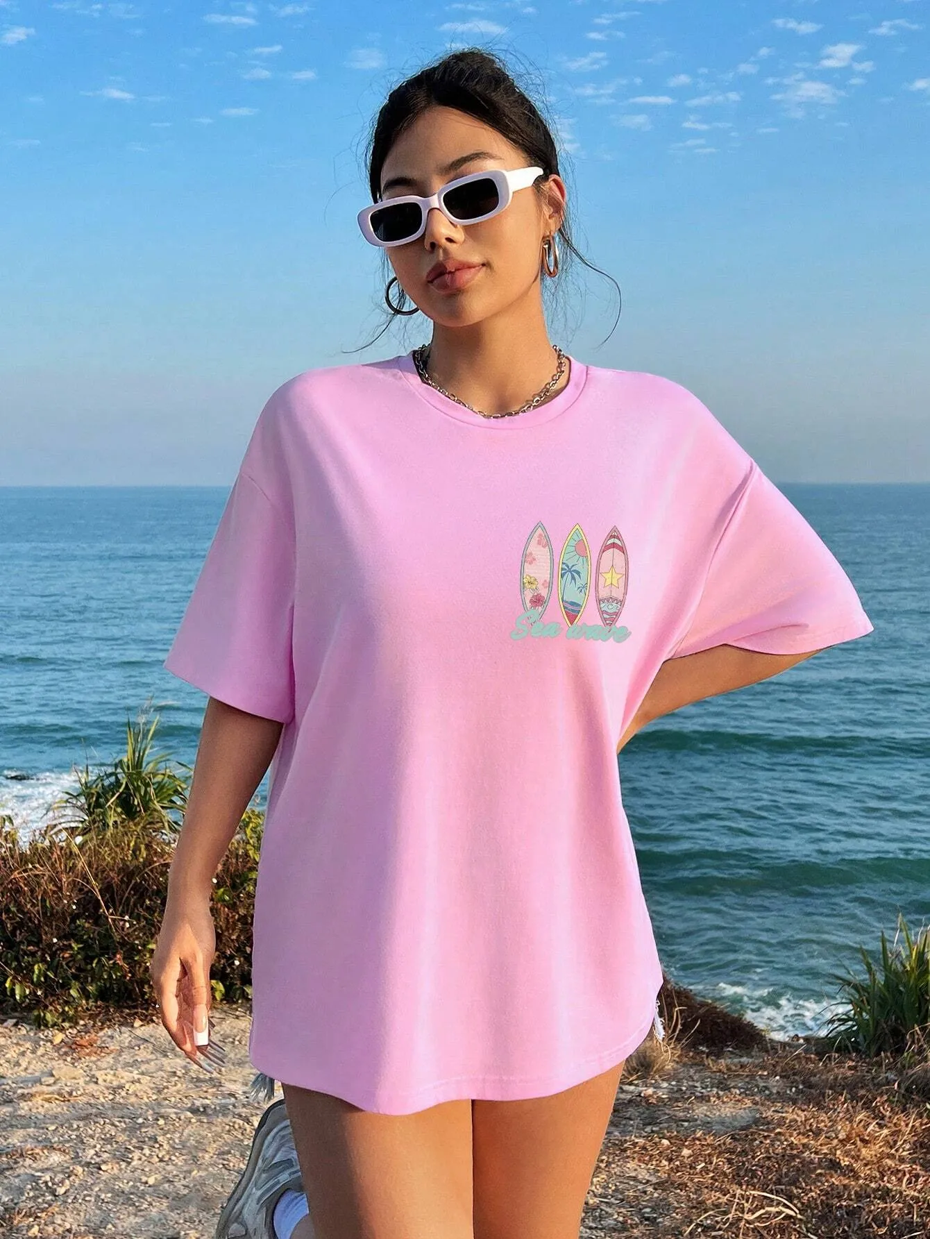 Ezwear Oversized T-Shirts Casual Simple Shark Print Light Floral Grey