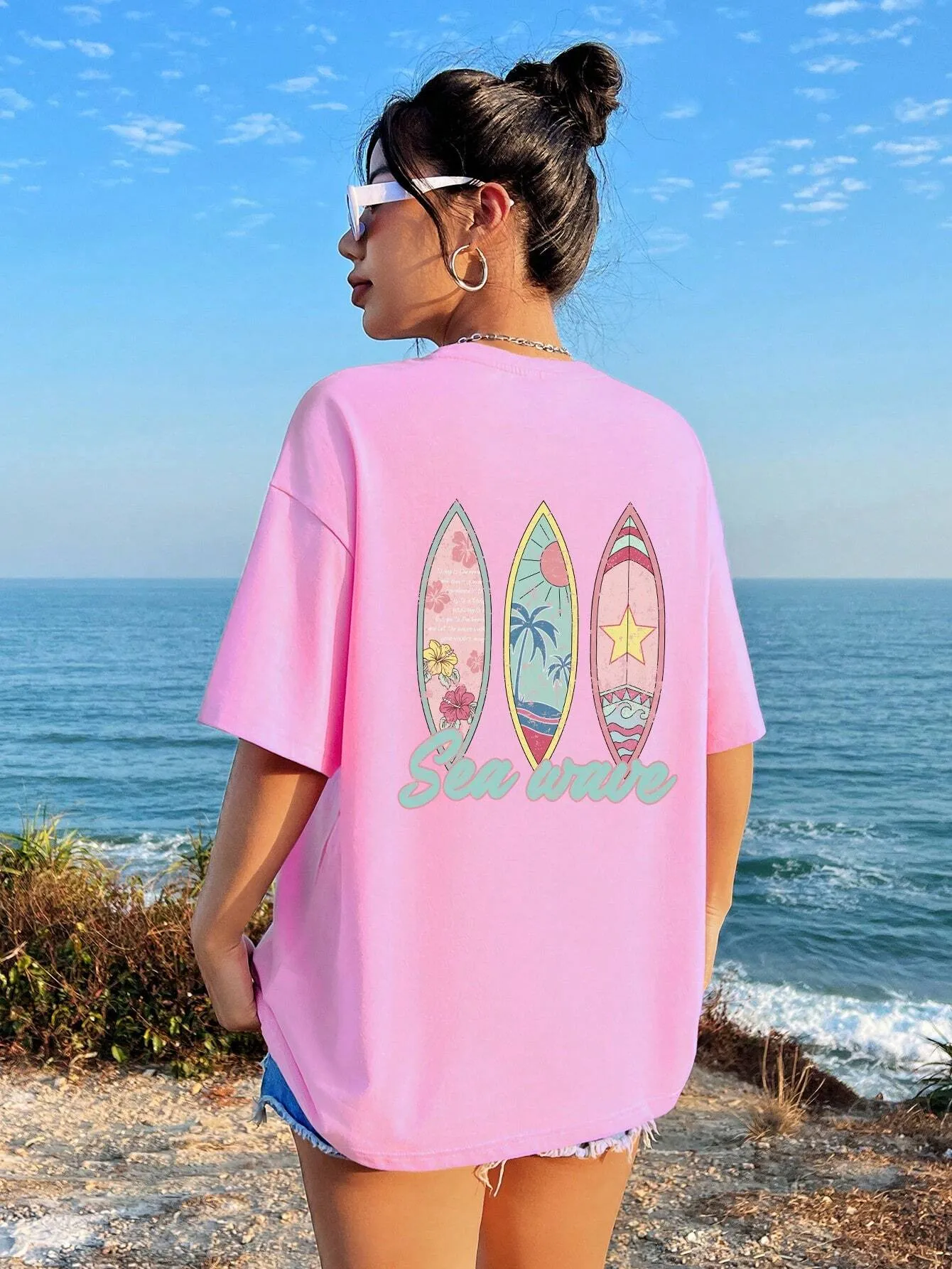 Ezwear Oversized T-Shirts Casual Simple Shark Print Light Floral Grey