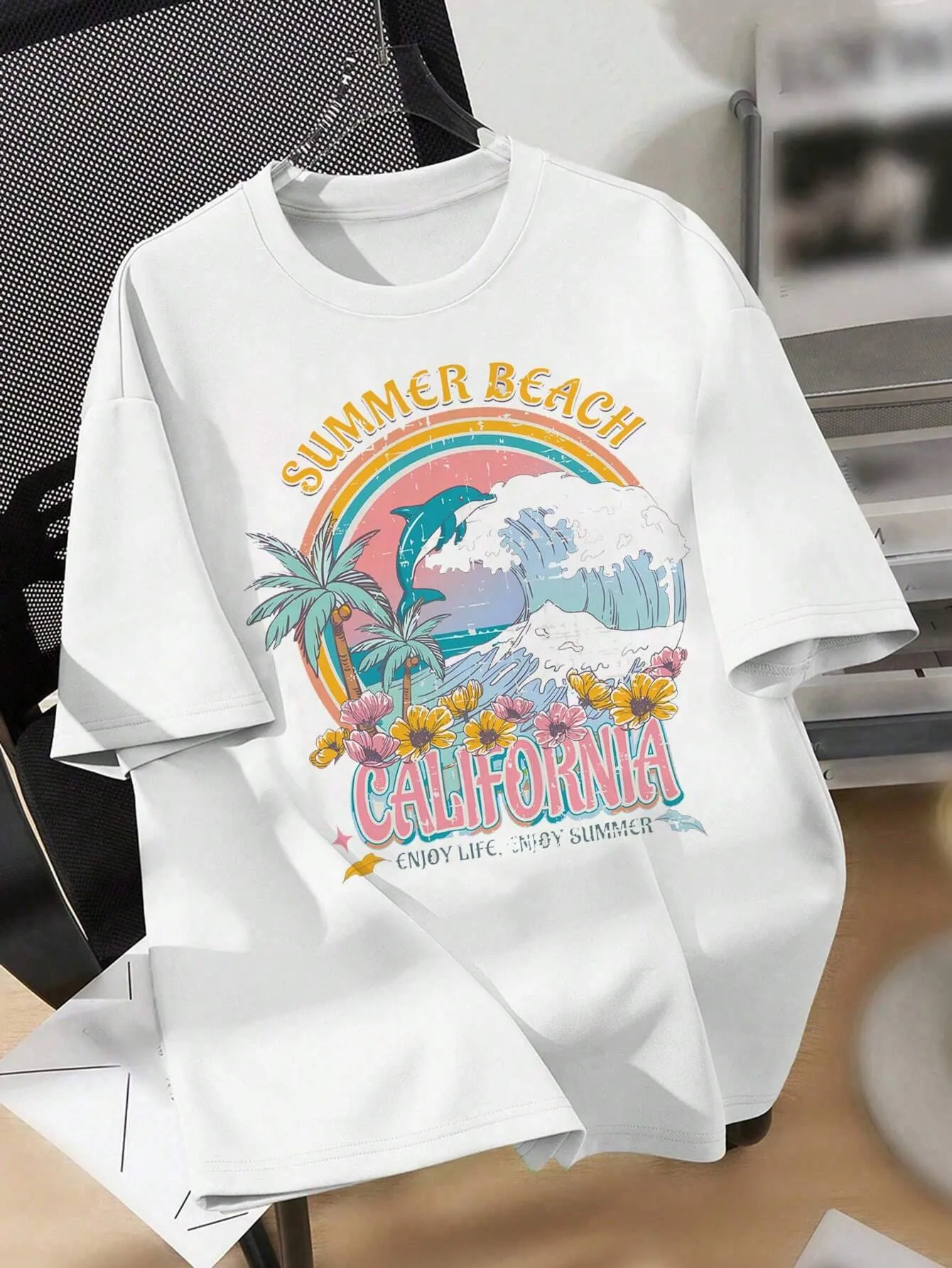 Ezwear Oversized T-Shirts Casual Simple Shark Print Light Floral Grey