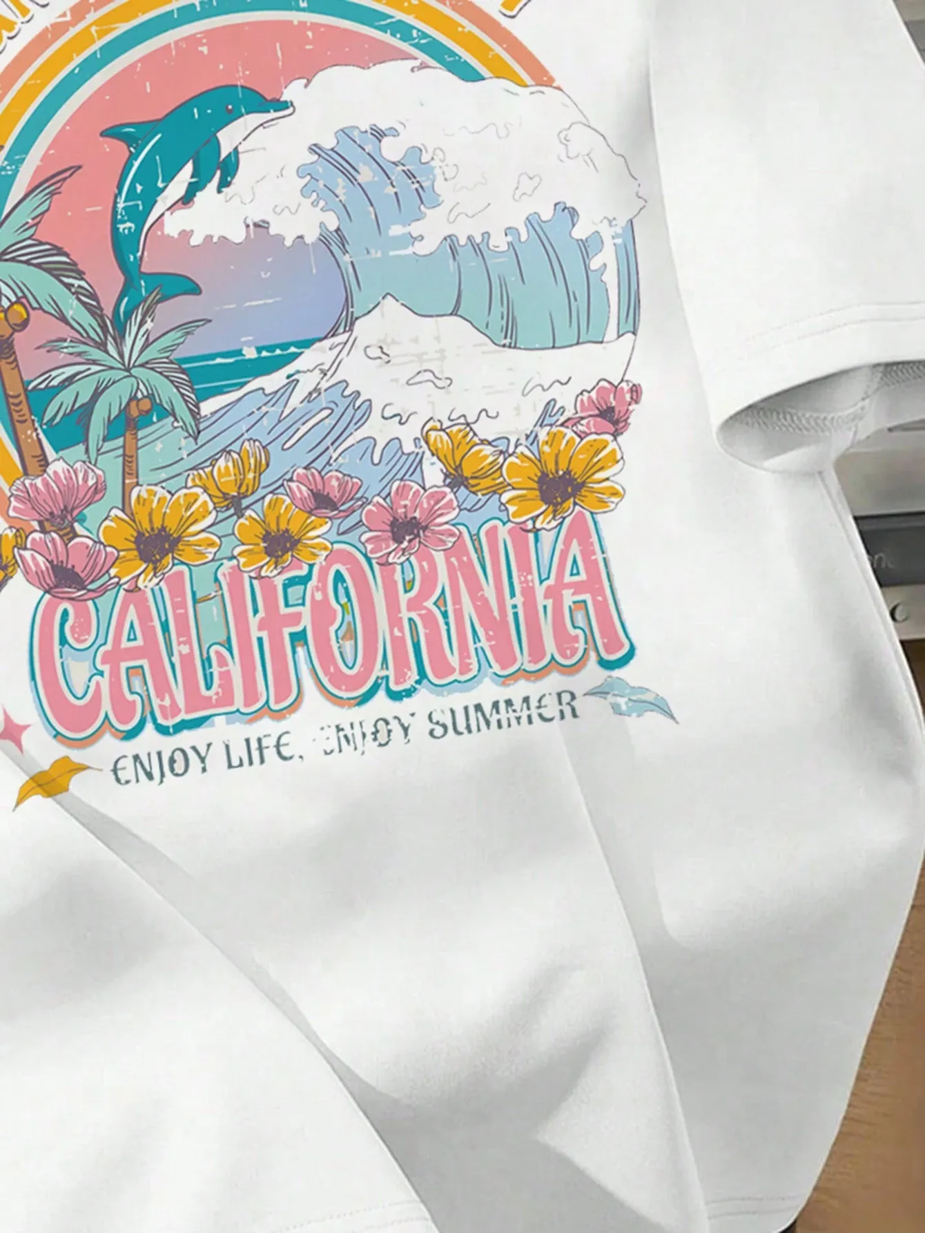 Ezwear Oversized T-Shirts Casual Simple Shark Print Light Floral Grey