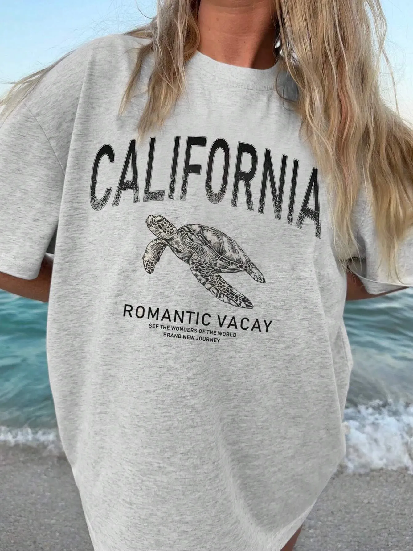 Ezwear Oversized T-Shirts Casual Simple Shark Print Light Floral Grey