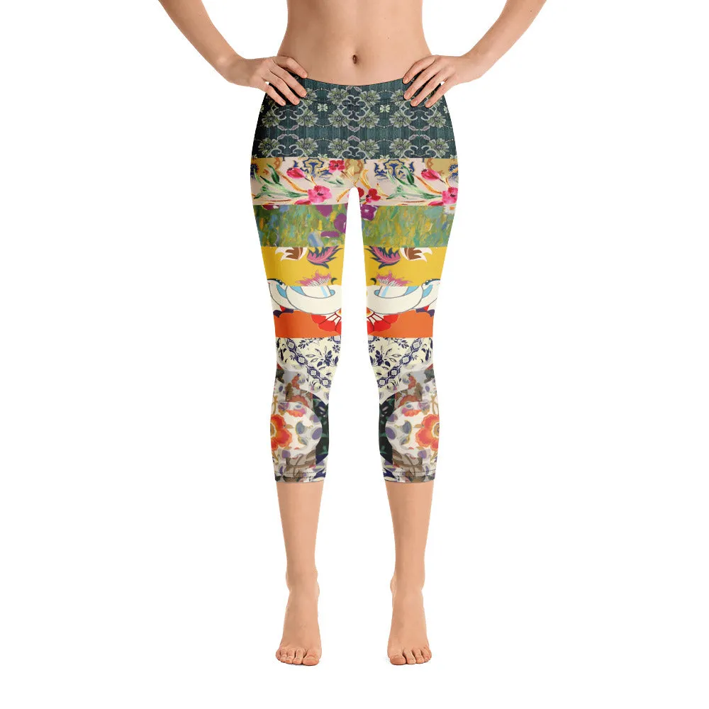 Floral Flapper Girl Art Deco Patchwork Print Capri Leggings