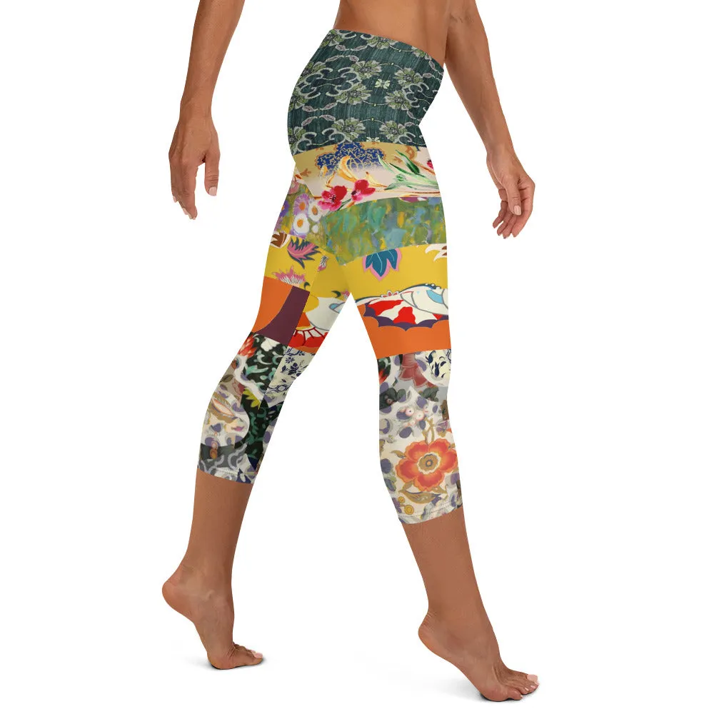 Floral Flapper Girl Art Deco Patchwork Print Capri Leggings
