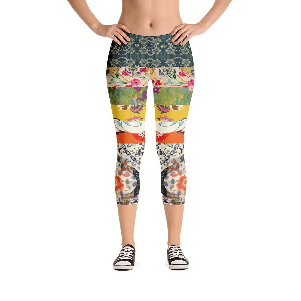 Floral Flapper Girl Art Deco Patchwork Print Capri Leggings
