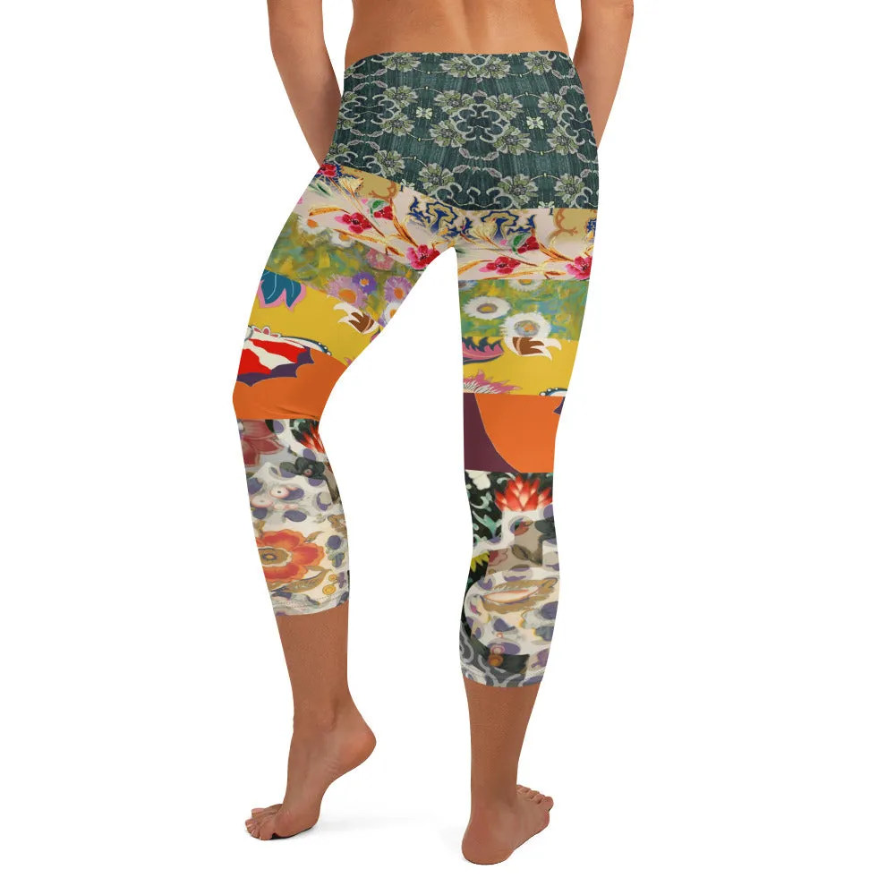 Floral Flapper Girl Art Deco Patchwork Print Capri Leggings
