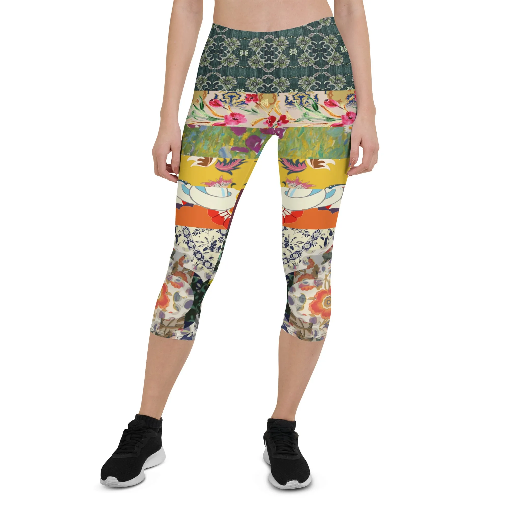 Floral Flapper Girl Art Deco Patchwork Print Capri Leggings