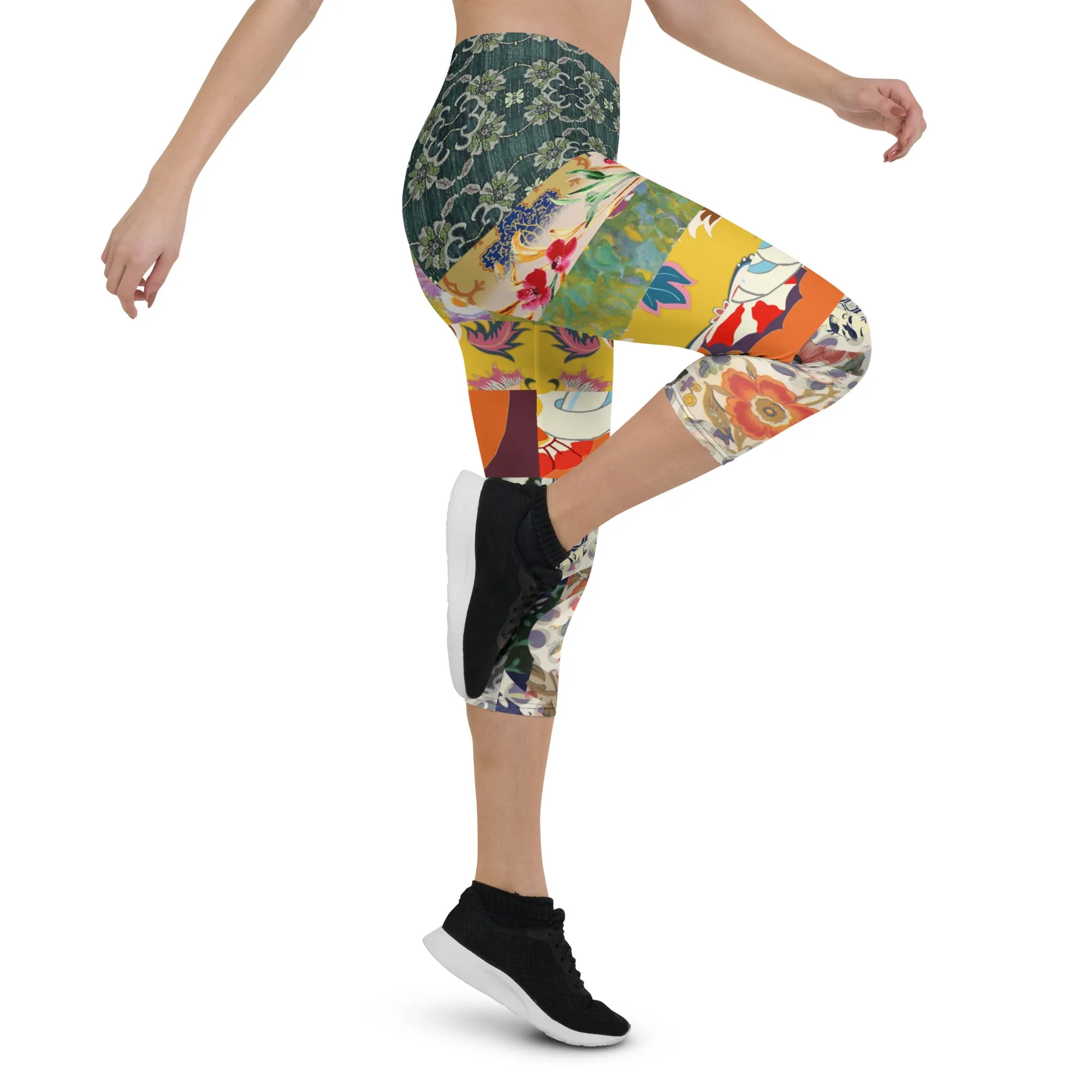 Floral Flapper Girl Art Deco Patchwork Print Capri Leggings