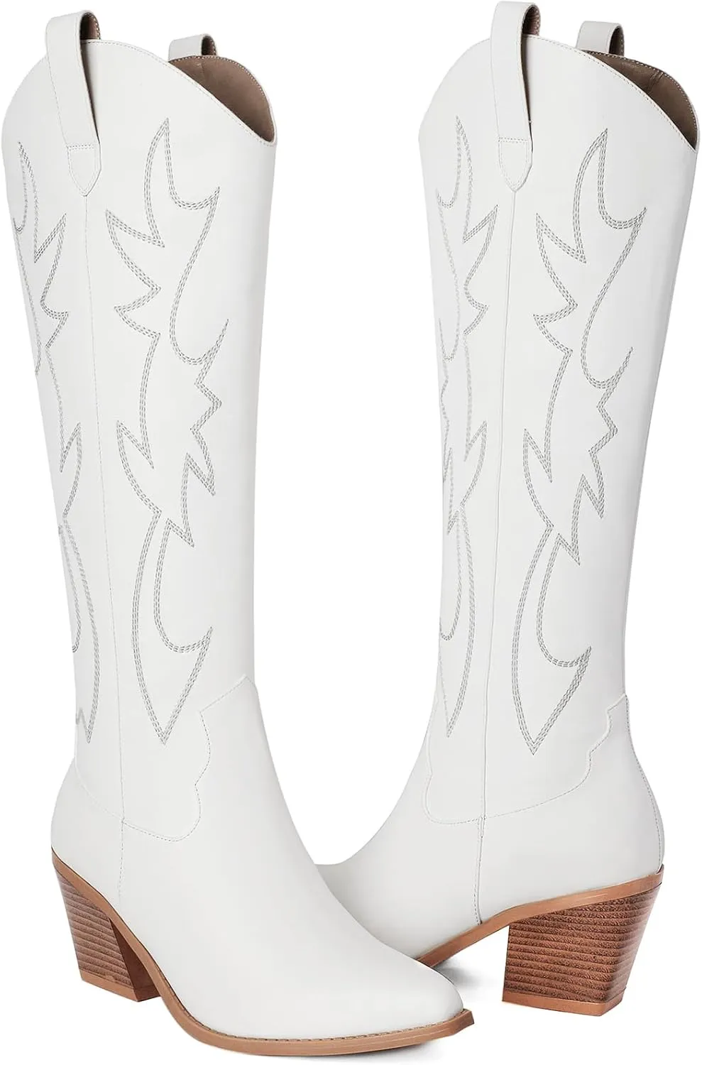 Mostrin Cowgirl Boots for Women Embroidered Cowboy Boots Pointed Toe Knee High Boots Chunky Block Heel Pull On Tall Western Boot for Ladies