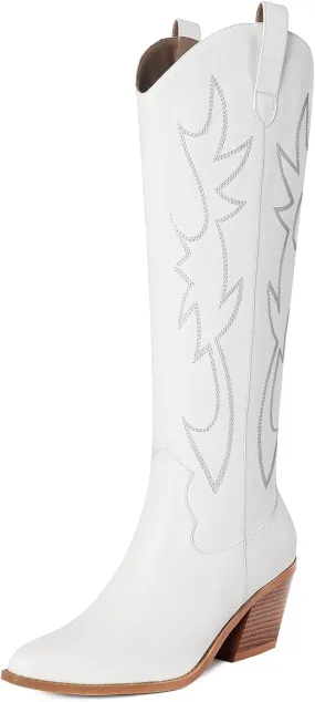 Mostrin Cowgirl Boots for Women Embroidered Cowboy Boots Pointed Toe Knee High Boots Chunky Block Heel Pull On Tall Western Boot for Ladies