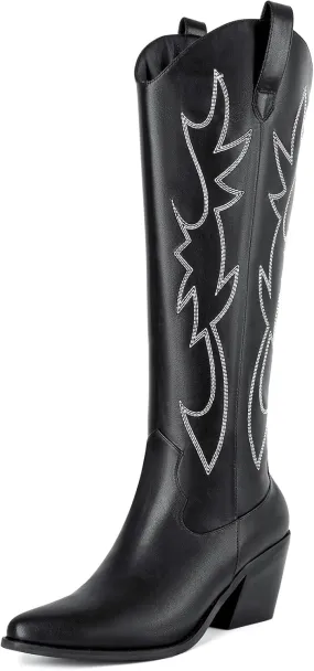 Mostrin Cowgirl Boots for Women Embroidered Cowboy Boots Pointed Toe Knee High Boots Chunky Block Heel Pull On Tall Western Boot for Ladies
