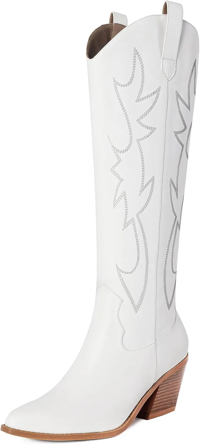 Mostrin Cowgirl Boots for Women Embroidered Cowboy Boots Pointed Toe Knee High Boots Chunky Block Heel Pull On Tall Western Boot for Ladies