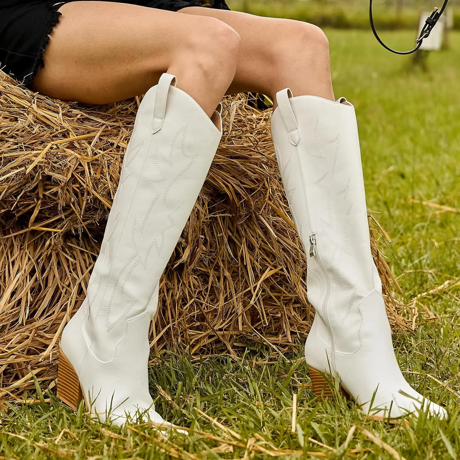 Mostrin Cowgirl Boots for Women Embroidered Cowboy Boots Pointed Toe Knee High Boots Chunky Block Heel Pull On Tall Western Boot for Ladies