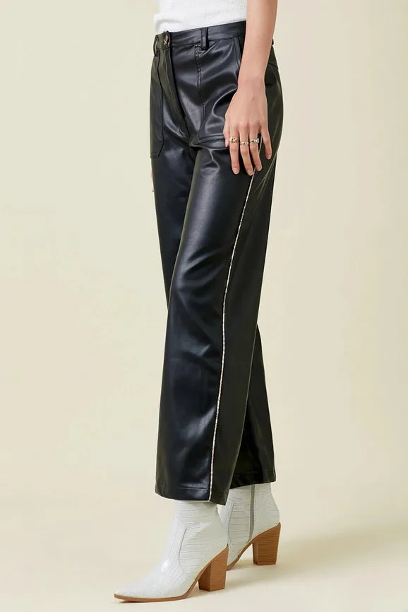 Piping Faux Leather Trousers Black