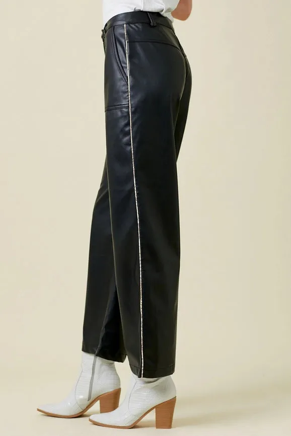 Piping Faux Leather Trousers Black