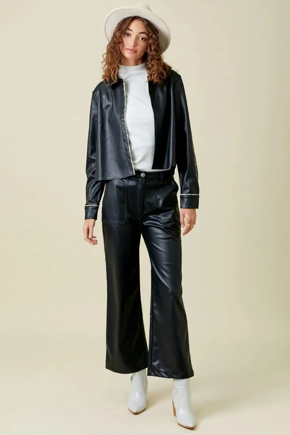 Piping Faux Leather Trousers Black