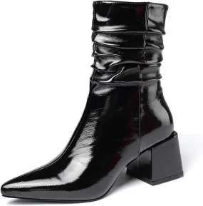 vivianly Pointed Toe Ankle Boot Mid-Calf Boots Chunky Block Heel Booties for Women