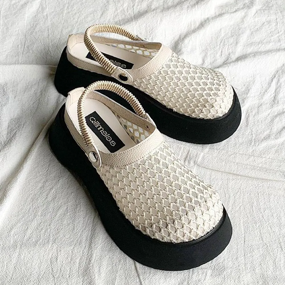Women's Mesh Closed Toe Slip-On Mules, Breathable Hollow-Out Platform Sandals, Two-Way Wear, Height-Boosting Design