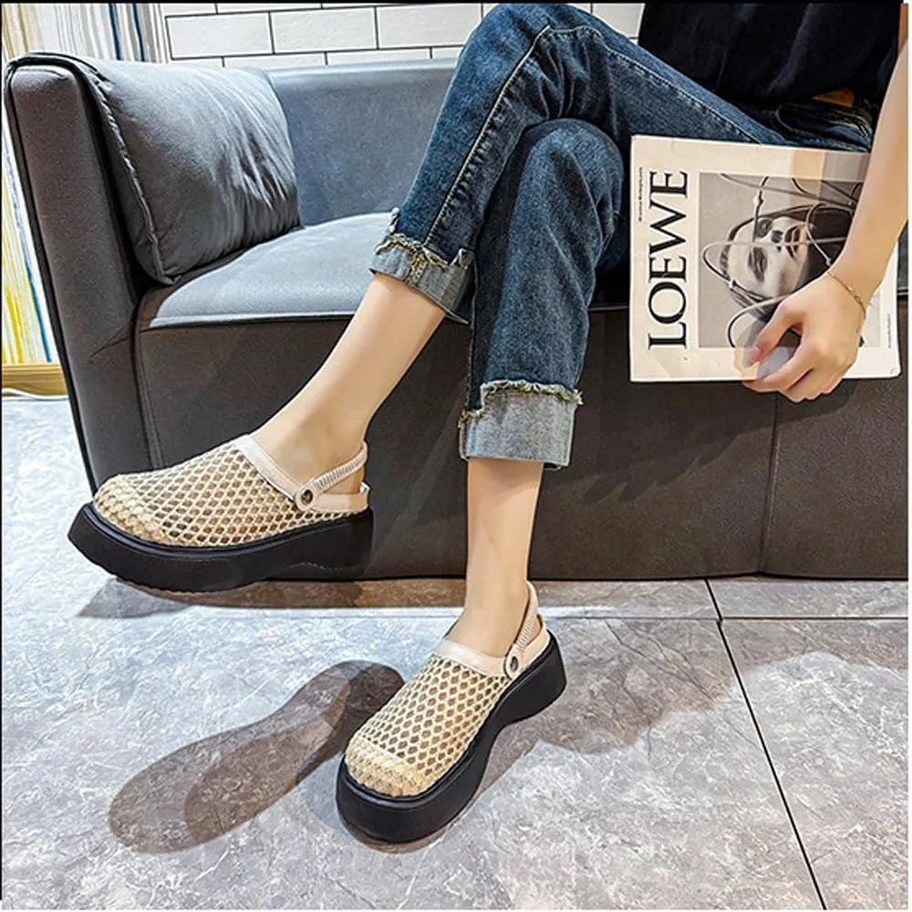 Women's Mesh Closed Toe Slip-On Mules, Breathable Hollow-Out Platform Sandals, Two-Way Wear, Height-Boosting Design