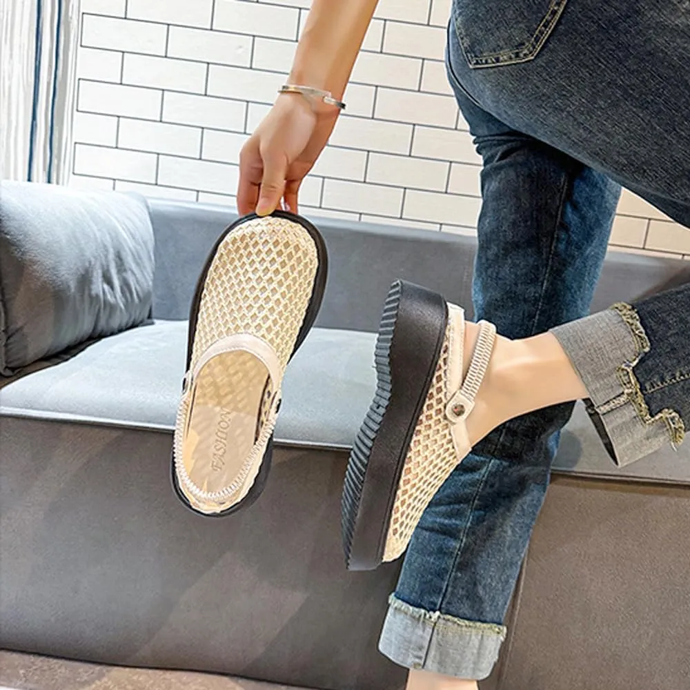 Women's Mesh Closed Toe Slip-On Mules, Breathable Hollow-Out Platform Sandals, Two-Way Wear, Height-Boosting Design