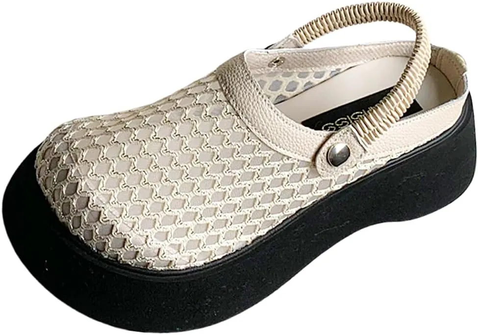 Women's Mesh Closed Toe Slip-On Mules, Breathable Hollow-Out Platform Sandals, Two-Way Wear, Height-Boosting Design