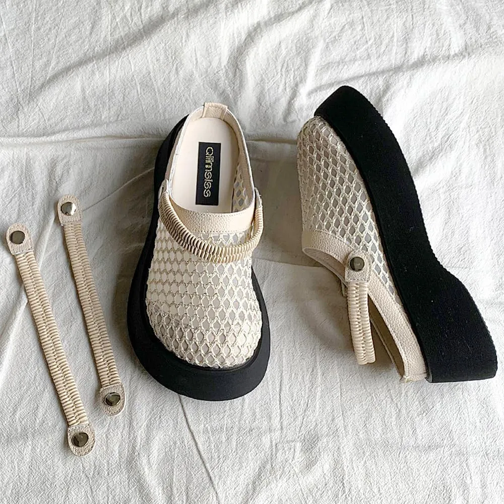 Women's Mesh Closed Toe Slip-On Mules, Breathable Hollow-Out Platform Sandals, Two-Way Wear, Height-Boosting Design