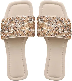 Women's Pearls Beaded Slippers PU Leather Square Open Toe Slip On Slide Sandals