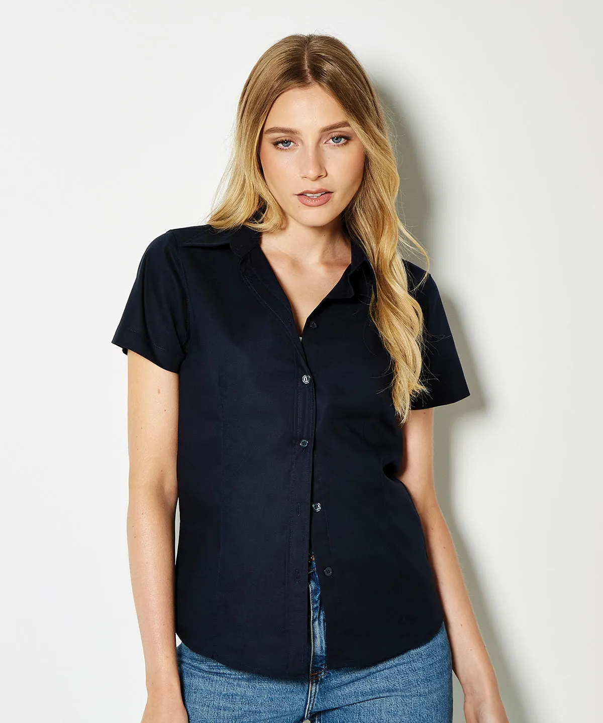 Womens workplace Oxford blouse short-sleeved (tailored fit) | Black